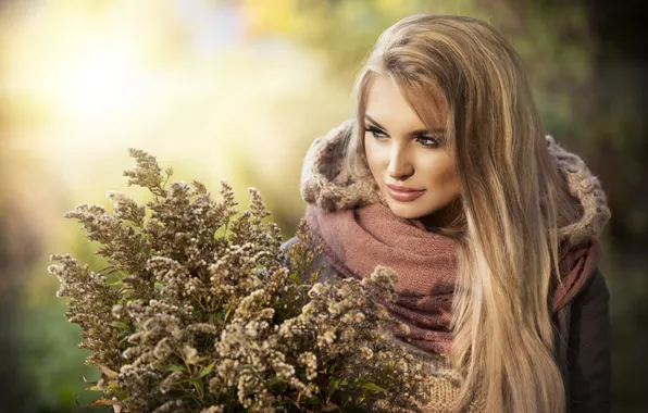 Picture autumn, grass, girl, bouquet, blonde, hood, jacket