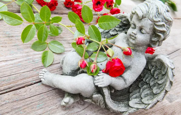 Table, roses, angel, branch, Cupid