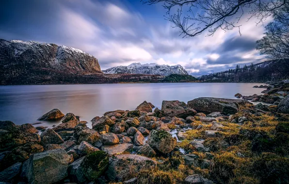 Snow, trees, mountains, lake, stones, Norway, Bjerkreim, Hofreistæ