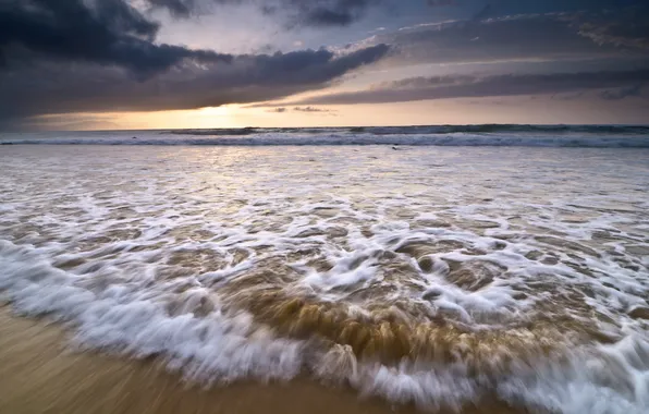 Sea, wave, the sky, clouds, sunset, the ocean, Spain