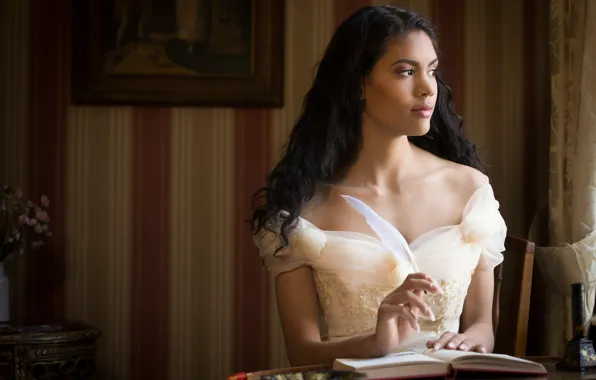 Picture girl, style, feathers, neckline, book