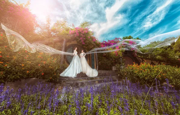 Summer, the sky, clouds, flowers, nature, blue, background, girls