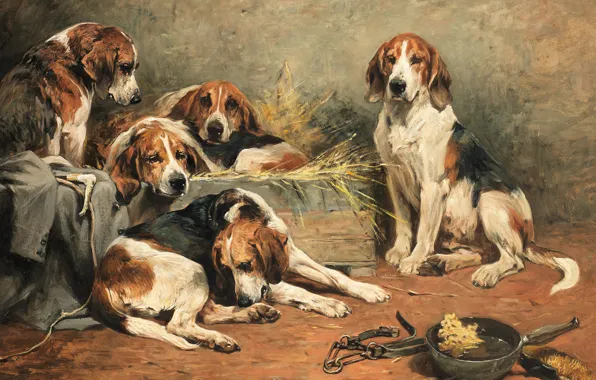 1892, British painter, British painter, oil on canvas, John Emms, John EMMS, Five hounds and …