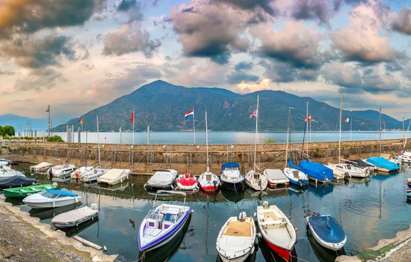 Mountains, Lake, Panorama, Boats, Italy, Piers, Cannobio