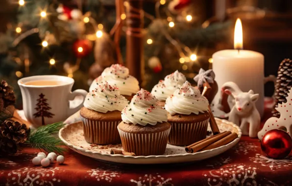 Balls, lights, toys, candles, Christmas, Cup, New year, cinnamon