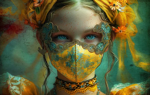 Look, decoration, flowers, style, portrait, mask, hairstyle, girl