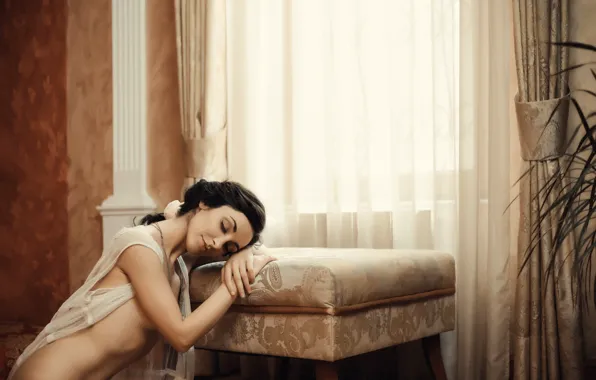 Pose, model, naked, body, interior, makeup, figure, brunette