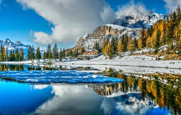Autumn, snow, trees, mountains, lake, house, reflection, Italy