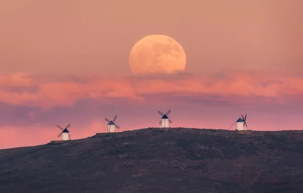 Picture clouds, The moon, mill, Moon, clouds, mills