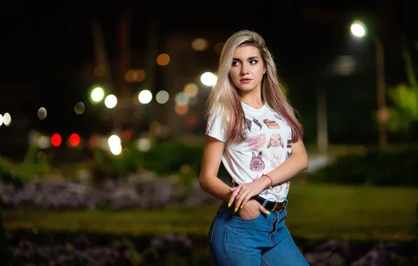 Night, lights, sexy, model, portrait, jeans, makeup, Mike