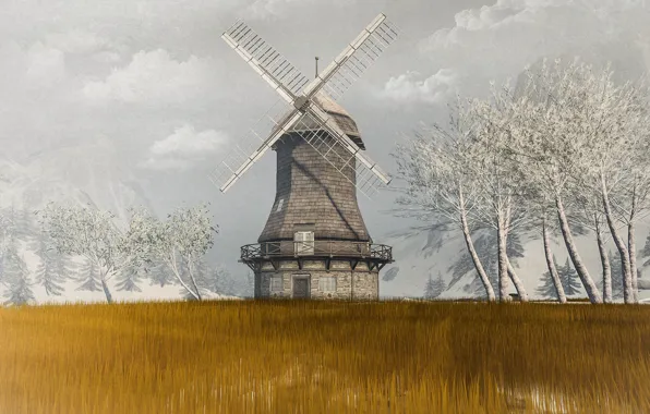 Field, trees, windmill, mill