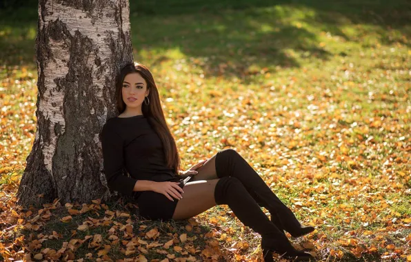 Picture autumn, look, boots, girl posing, slender legs, sexy baby, dark stockings, photo shoot in nature