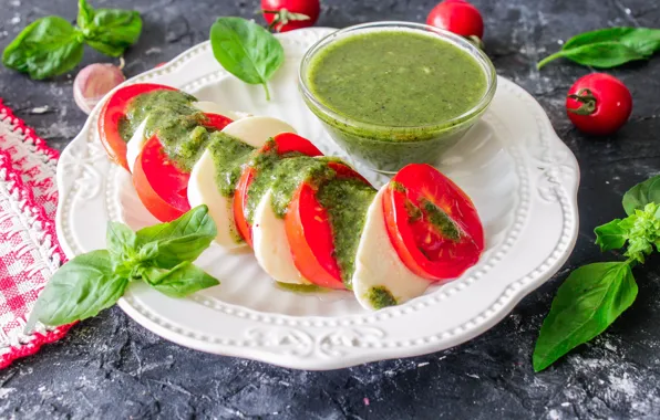 Tomatoes, salad, Basil, Caprese, mozzarella, pesto