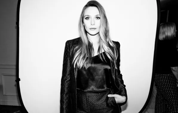 Look, pose, actress, photoshoot, hair, black and white, Elizabeth Olsen, Elizabeth Olsen