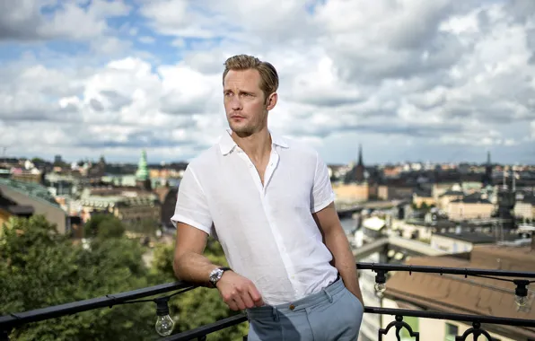 The sky, look, the city, pose, male, balcony, Alexander Skarsgard
