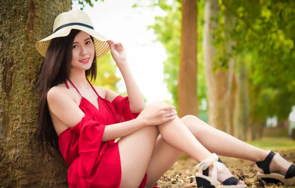 Picture summer, face, hat, dress, legs, Asian