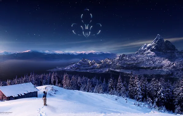 Snow, mountains, house, stars, boy, emblem, tree, desktopography