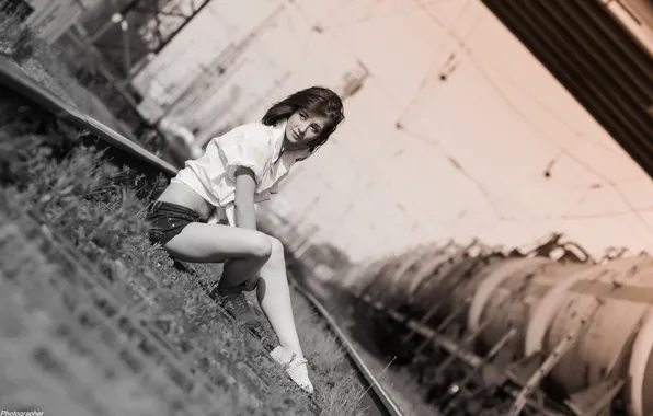 Rails, Girl, cars, Photographer Yuri Clerks, railway.
