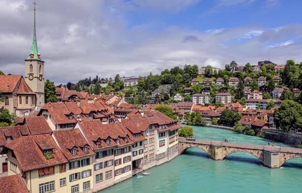 Picture bridge, river, building, Switzerland, Switzerland, Bern, Bern, Aare river