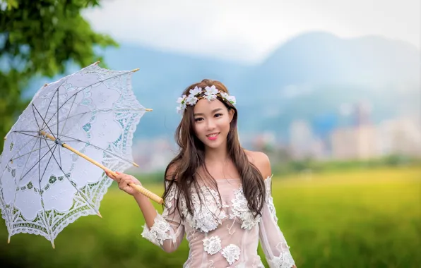 Girl, umbrella, dress, Asian, wreath, cutie