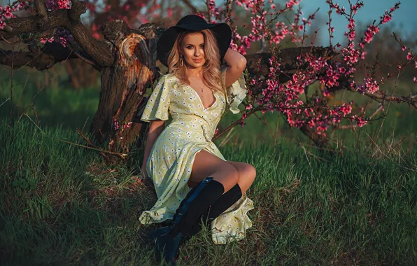 Girl, hat, dress, flowering tree, Gregory Levin