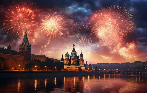 The sky, night, the city, holiday, view, building, salute, Moscow