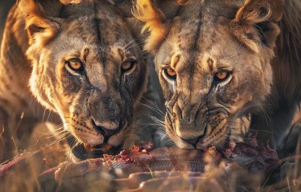 Look, meat, lioness, muzzle, mining, meal, lioness, AI art