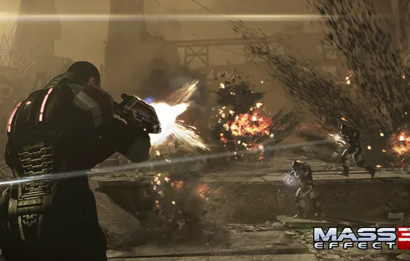 Explosions, battle, shootout, Shepard, Mass Effect 3, Shepard, Cerberus, rifle &ampquot;Defender&ampquot;