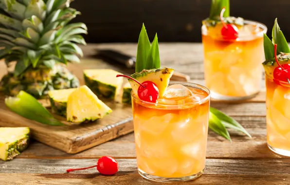Ice, glasses, pineapple, drinks, cocktails, cherry