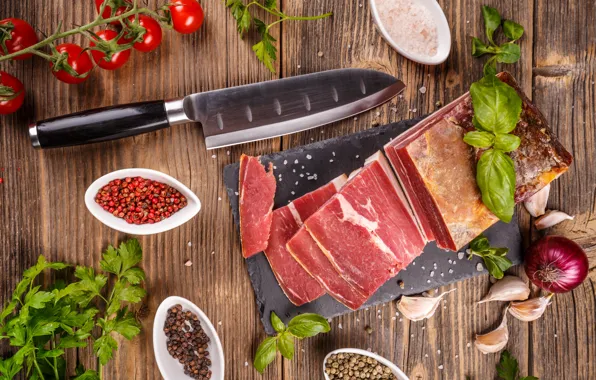 Greens, bow, knife, cutting, spices, garlic, fat
