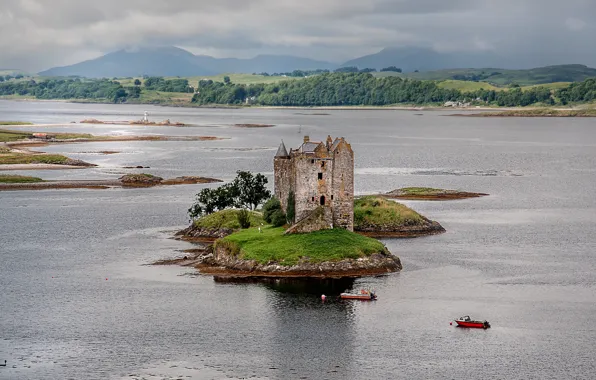 Picture the sky, clouds, mountains, lake, castle, boat, island, tower