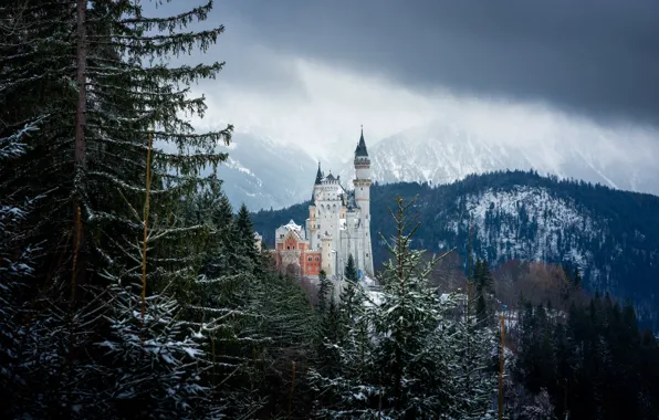 Winter, forest, mountains, castle, Germany, Bayern, Germany, Bavaria