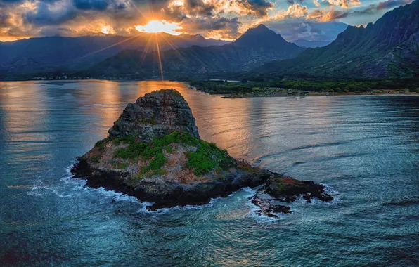 Sea, landscape, sunset, island