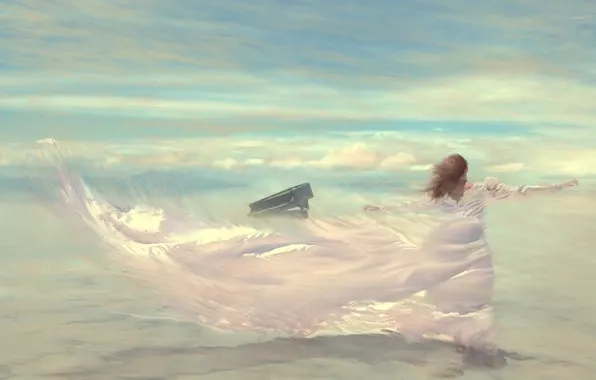 The sky, girl, clouds, the wind, figure, dress, piano