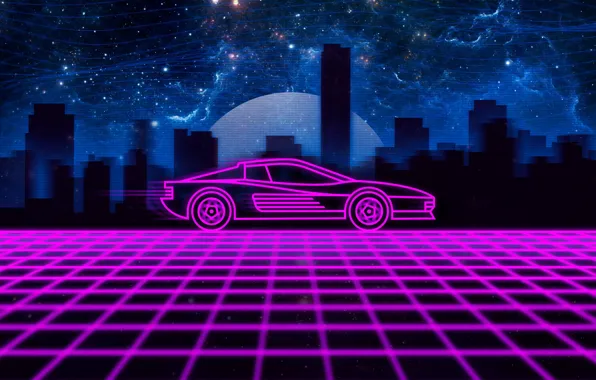 Music, The city, Machine, Silhouette, Background, 80s, Neon, Testarossa