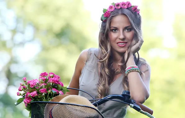 Summer, girl, flowers, bike, roses, bouquet, wreath, Sergejs Rahunoks