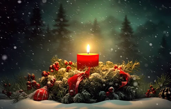 Winter, snow, decoration, night, berries, candles, New Year, Christmas