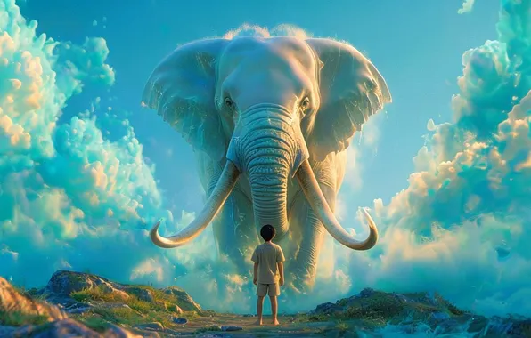 Picture clouds, elephant, child, top, giant, tusks, digital art, digital art