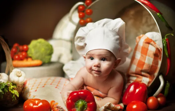 Picture children, baby, lies, pillow, pan, vegetables, child, Anna Levankova