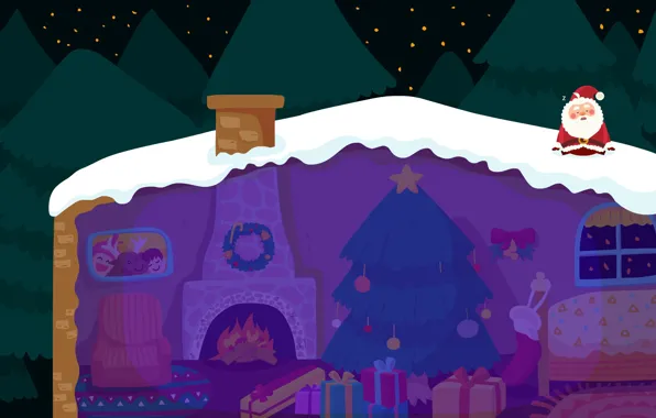 Picture winter, roof, snow, night, holiday, vector, art, New year