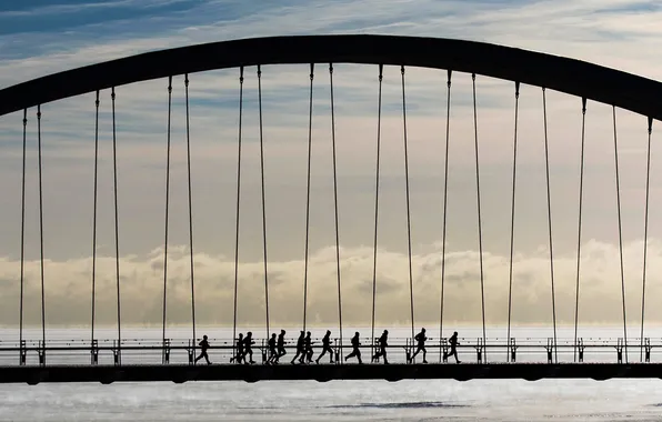 Picture bridge, people, running, Canada, Toronto, silhouette, Humber Bay