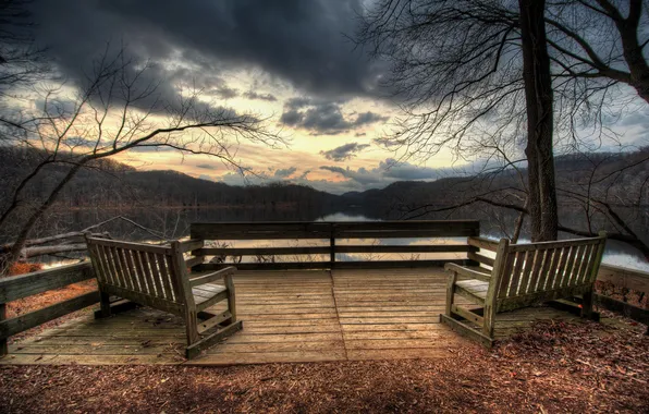 Picture autumn, forest, mountains, lake, view, benches, veranda