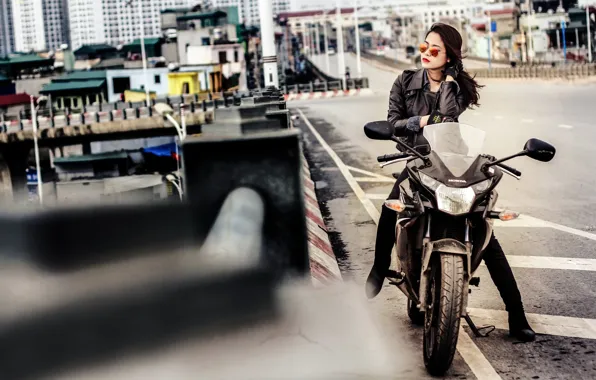 Picture girl, the city, street, glasses, motorcycle, Honda