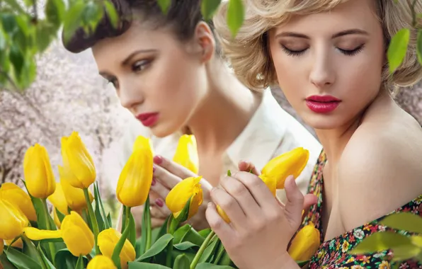 Picture sadness, girl, flowers, face, tulips