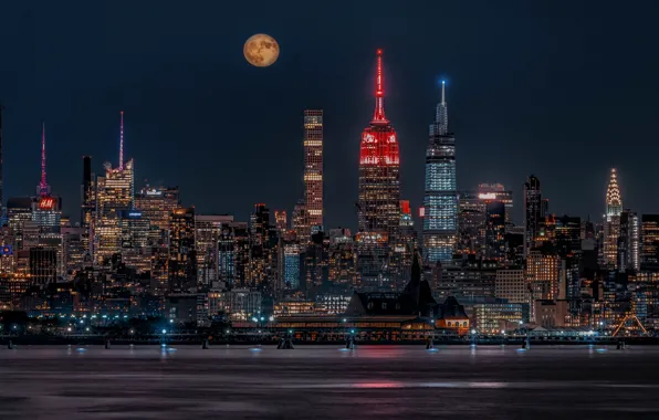 Night, the city, lights, the moon, shore, building, home, New York