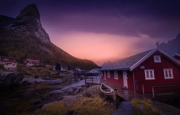 Sunset, mountains, rocks, shore, boat, houses, twilight, pond