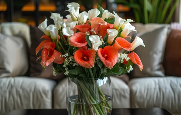 Flowers, room, sofa, bouquet, pillow, Bank, red, white