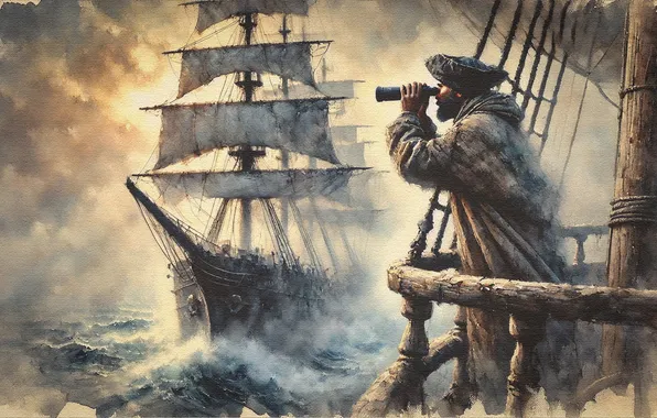 Picture sea, wave, storm, fog, ship, sailboat, pirate, binoculars