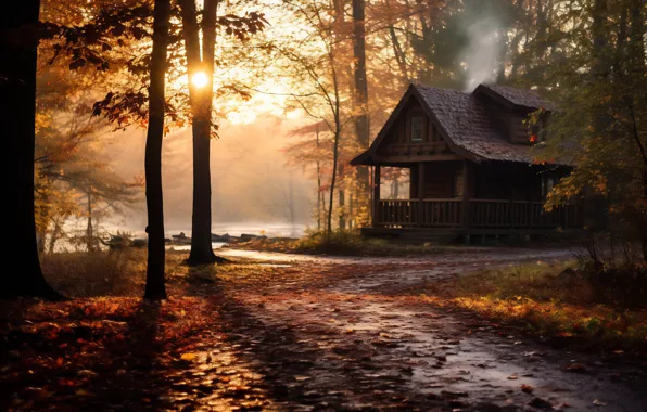 Autumn, forest, the sun, light, trees, fog, house, Park