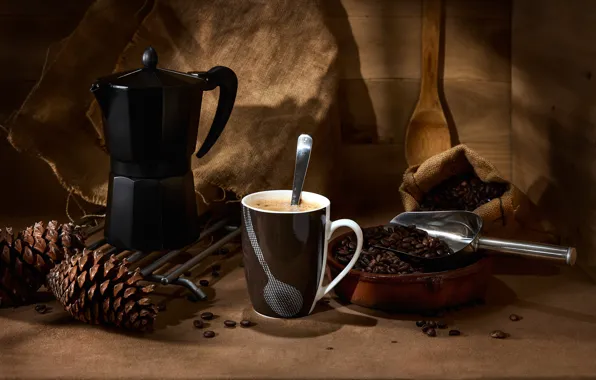Style, coffee, mug, still life, bumps, coffee beans, coffee maker, scoop